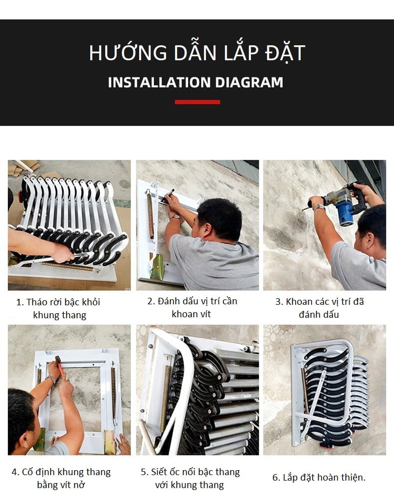 hướng dẫn lắp đặt thang gác mái ốp tường